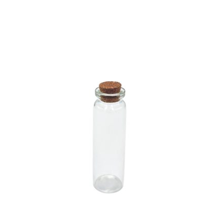 Clear glass bottle with a cork stopper, standing upright and empty inside