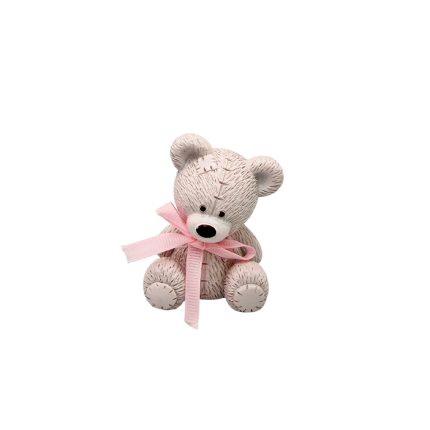 Small plush teddy bear with a pink ribbon bow around its neck, facing forward at rest.
