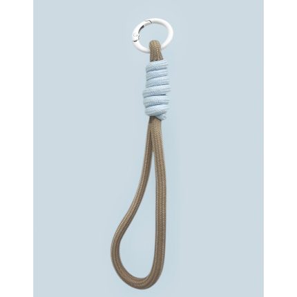 Beige rope keychain with a light blue wrapped knot and a silver keyring at the top.