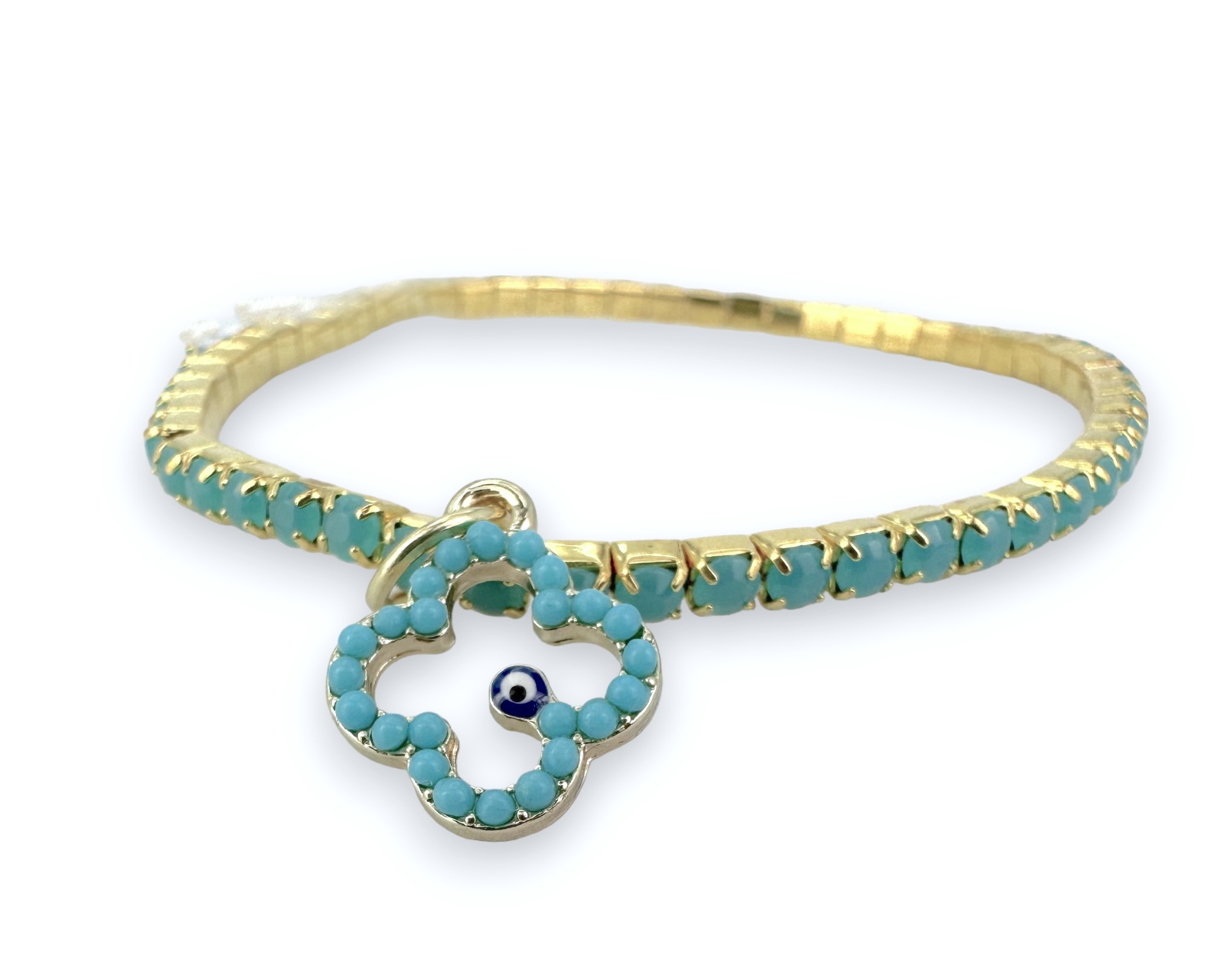 4093FFB6-BF57-174D-2B7E-019E45C1B5D4_11 | La Vie en Rose Turquoise bead necklace with gold chain and circular blue‑eye pendant, close up on curved piece of jewelry