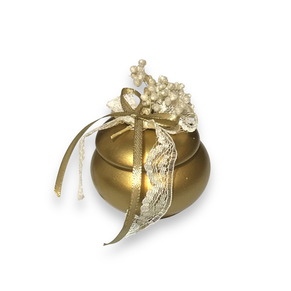 431D8443-A961-CCED-6585-019CE6A29D49_21 | La Vie en Rose Gold Christmas ornament tied with cream lace and bow ribbon