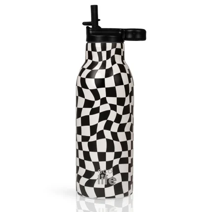 Black-and-white checkerboard water bottle with a black flip-cap and 'eco life' logo near the base.