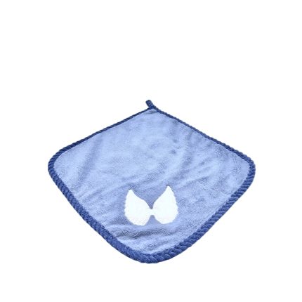 Blue square baby towel with a white bow emblem in the center.