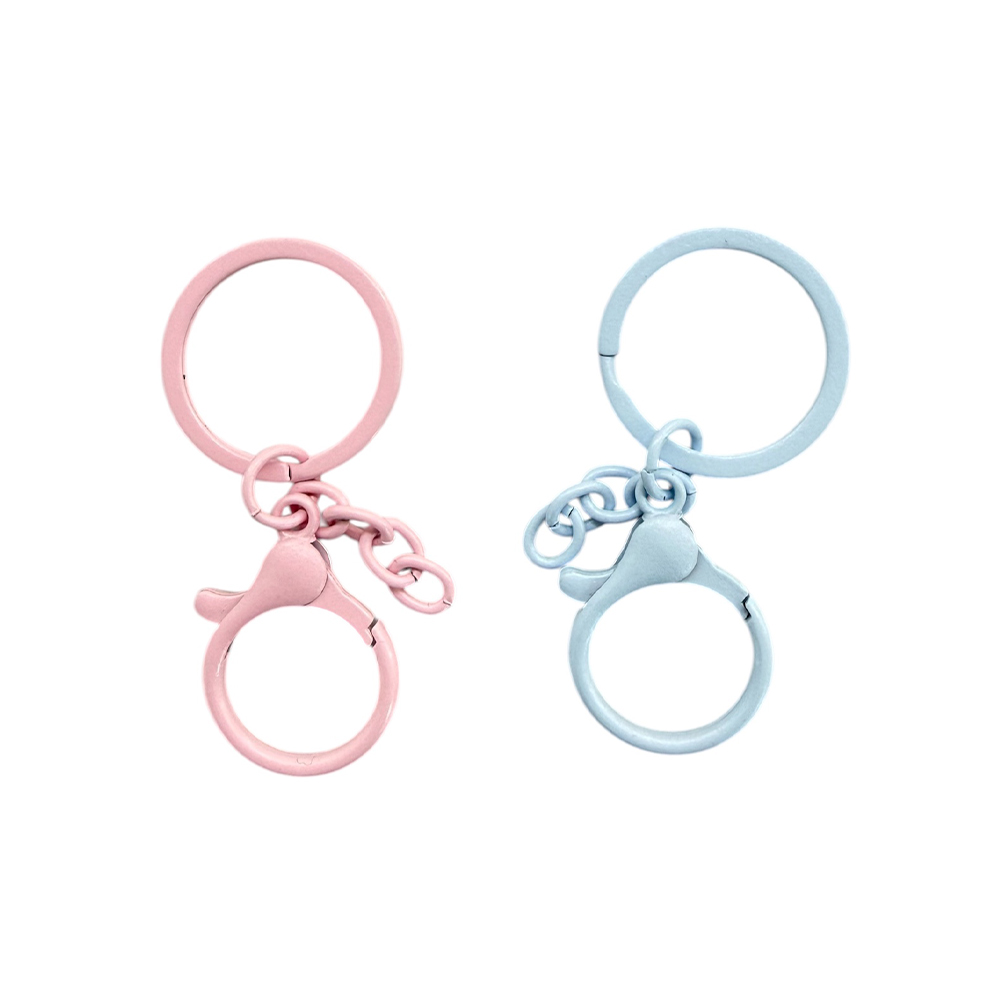484D56E9-F8AE-1974-4D85-019D8BDA5912_21 | La Vie en Rose Two pastel keychains (pink on the left, light blue on the right) with dual rings and small linked chains, set against a white background.