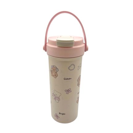 Cream-colored tumbler with a pink lid and handle, featuring cute bear illustrations.**