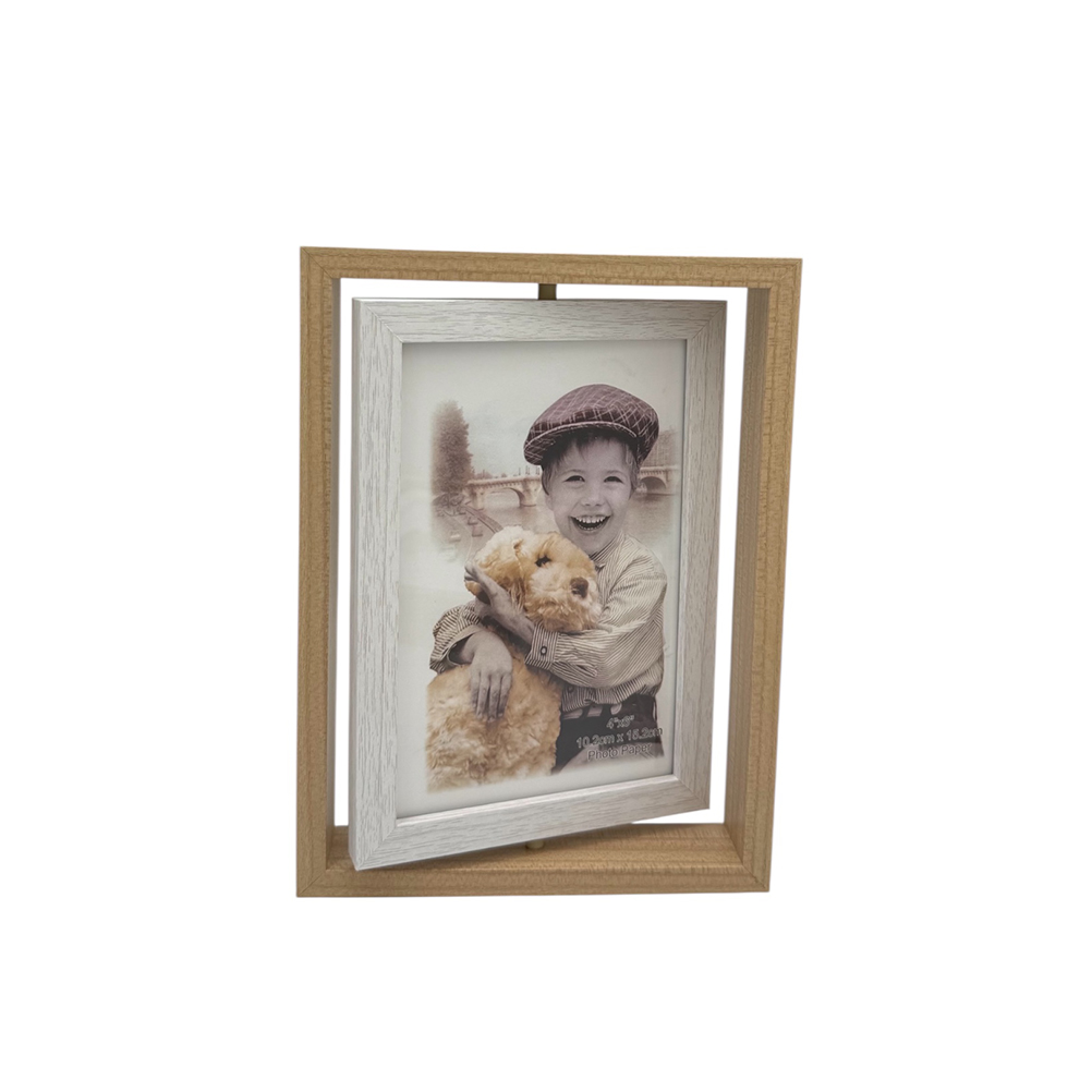4DC8719F-9F13-EDF9-68CD-019D000F112A_11 | La Vie en Rose Double-frame photo display: a smiling child holding a fluffy dog, set in a white inner frame within a wooden outer frame.