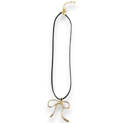 Black cord necklace with a gold bow pendant