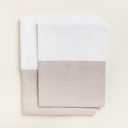 Three overlapping fabric swatches in white and beige on a light background (towel, smooth cotton, and linen textures)