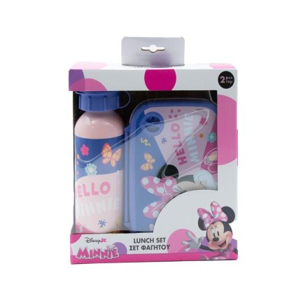 Disney Minnie Mouse lunch set for kids, featuring a pink bottle and blue lunch box in a colorful package display.