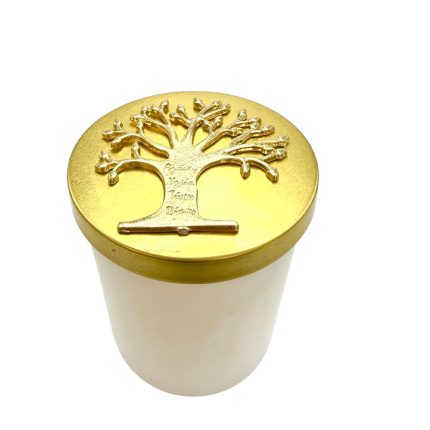 Small white disposable cup with a round gold lid featuring a tree design on top, viewed from above, and the lid is embossed with a tree motif (Tree of Life)
