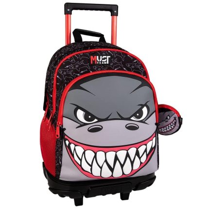 Rolling kids' backpack with a fierce cartoon shark face, red zippers, and a retractable handle.