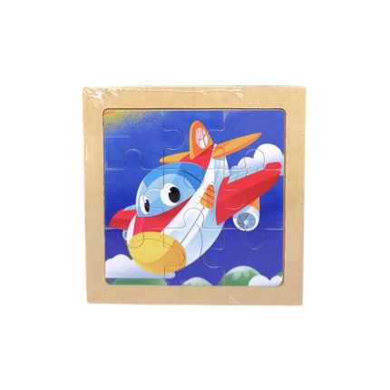 Colorful cartoon airplane jigsaw puzzle arranged on a light wooden box frame.