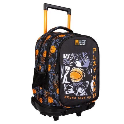 Rolling school backpack with an orange telescoping handle and wheels, featuring a dark anime-themed print and the phrase 'Never Give Up' on the front panel