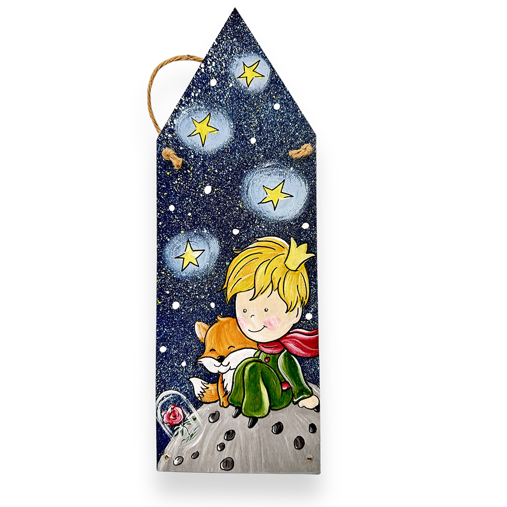 5AEA4133-A7AD-8C61-6CAA-018E895B6A70_11 | La Vie en Rose Decorative bookmark showing a blond boy in a green outfit and red scarf sitting on a gray asteroid with a fox, under a starry night sky and white stars.