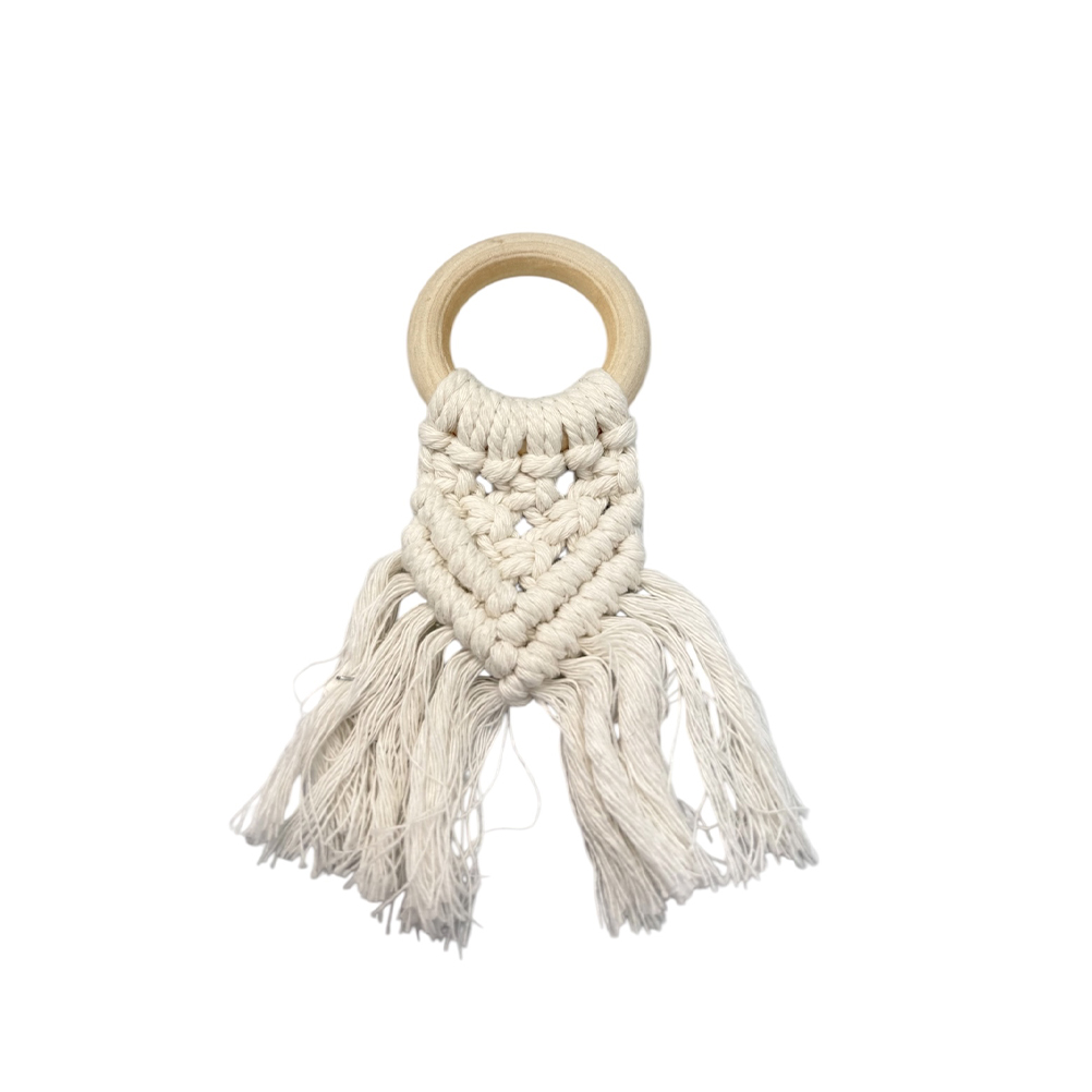 5F4197AE-57E9-B0E3-EA94-019D71FD4845_11 | La Vie en Rose Natural macrame keychain: cream cotton knots on a round wooden ring with fringe tassels