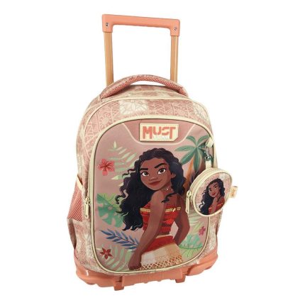 Pink rolling backpack with an orange handle and tropical print, featuring a cartoon girl on the front panel and a small matching round pouch attached.