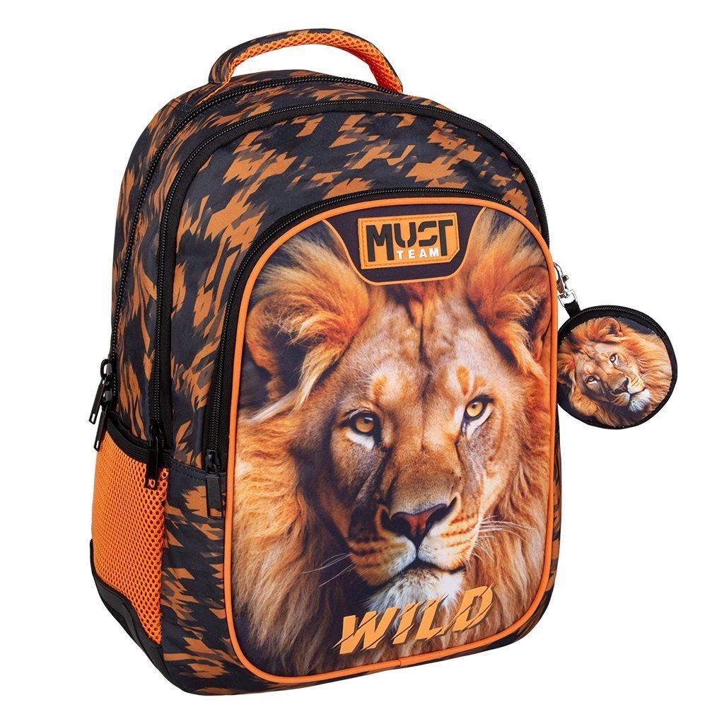 610f12145bb04b65a52679e558846927 | La Vie en Rose Backpack with a realistic lion portrait on the front pocket and a small matching circular pouch attached.
