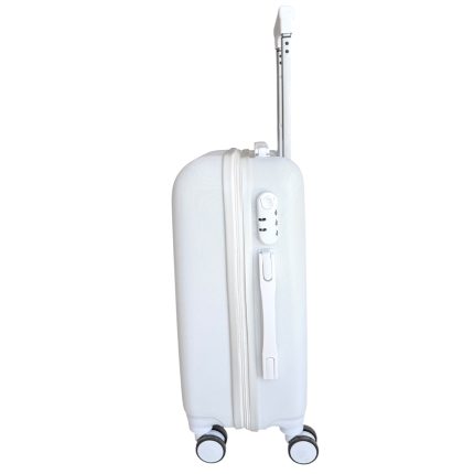 White hard-shell carry-on suitcase with extended telescoping handle and four spinner wheels, viewed from the side.