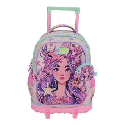 Children's rolling backpack with pink wheels and mint handle, featuring a colorful mermaid design and a small matching round pouch on the side pocket