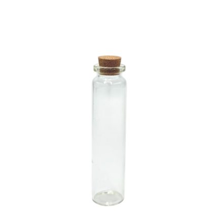 Tall, slender clear glass bottle with a cork stopper, empty inside