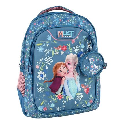 Blue kids' backpack with Anna and Elsa from Frozen, floral snowflake design and a round zipper pouch attached to the front