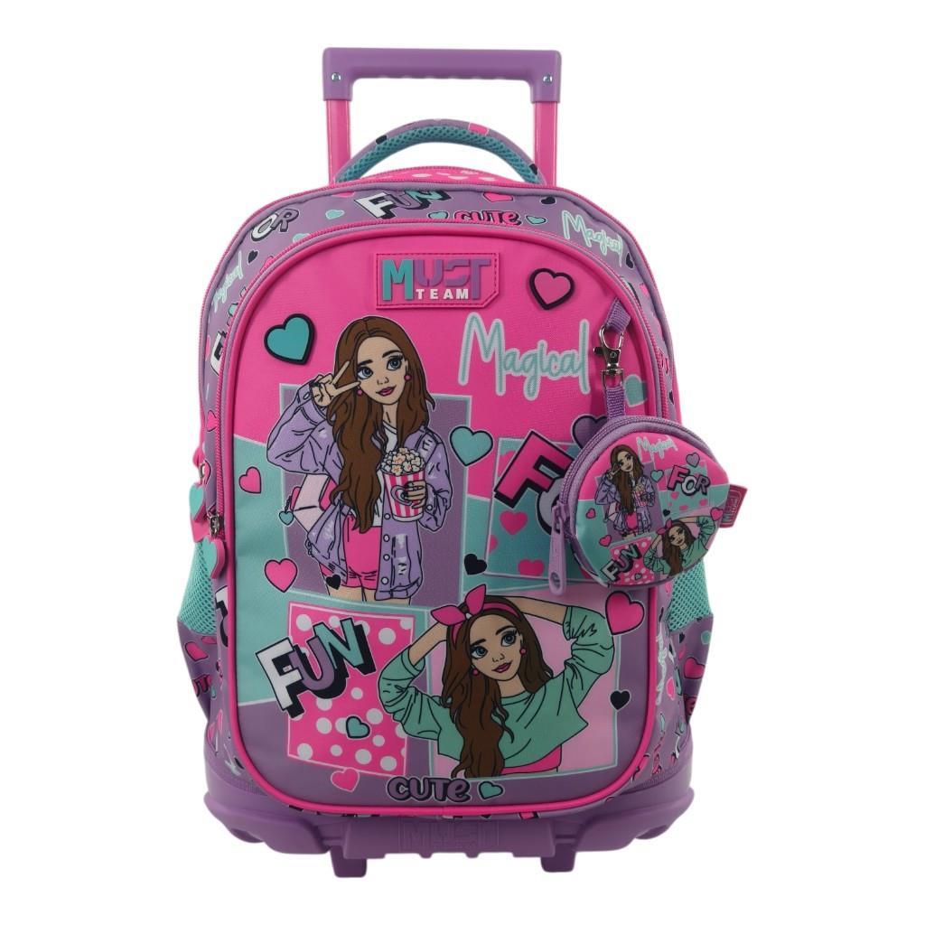 684f39a66a2141d89980bf0e3925d2da | La Vie en Rose Pink and purple kids' rolling backpack with cartoon girl and heart patterns