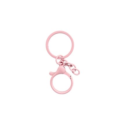 Pink metal keychain with two circular rings connected by a short chain and a small bird-shaped clasp image.