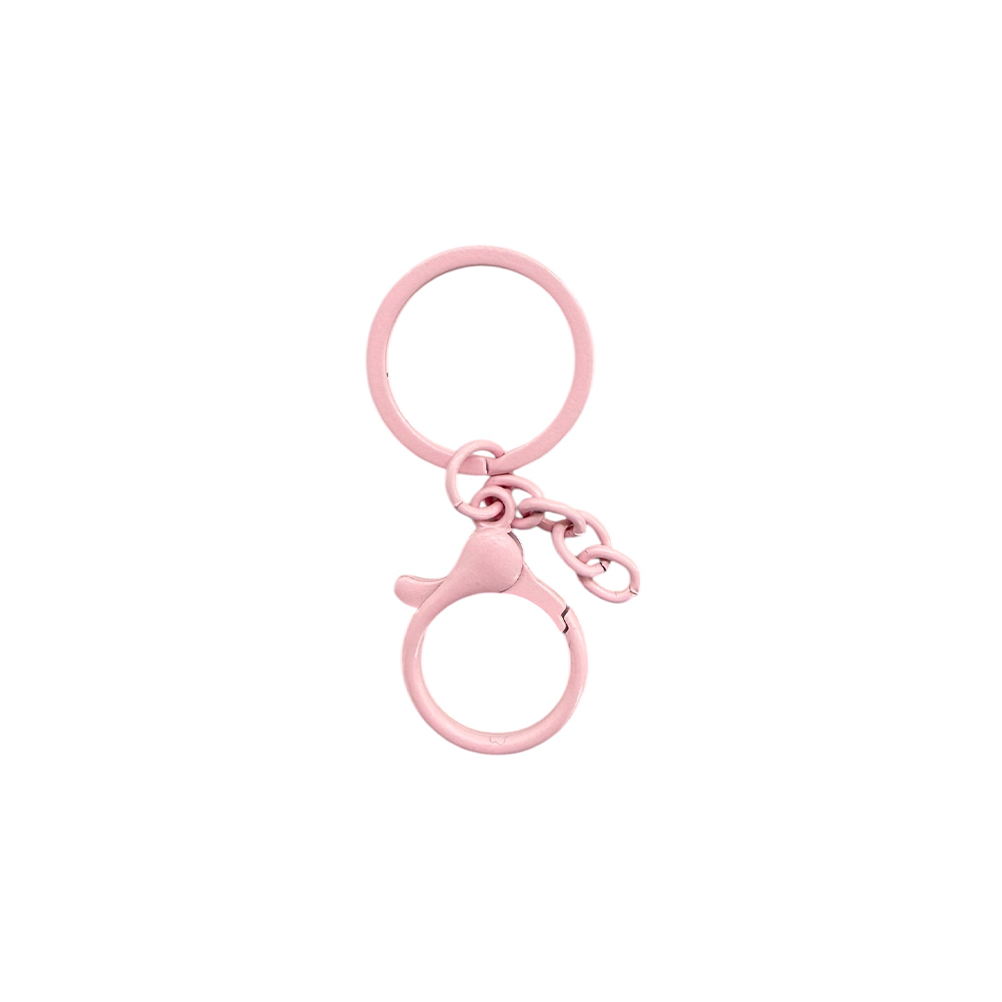 6E79DAC0-E008-C76D-FADC-019D8BD9FEC5_11 | La Vie en Rose Pink metal keychain with two circular rings connected by a short chain and a small bird-shaped clasp image.