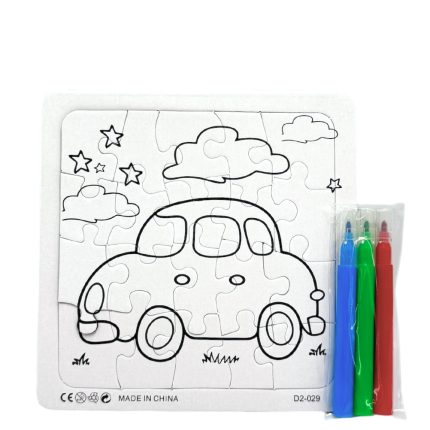 Coloring puzzle of a cartoon car on grass with clouds and stars; four markers (blue, green, red) on the right.