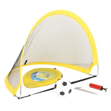 Mini yellow portable soccer goal with net, a soccer ball, a training disk, and a small pump kit for kids