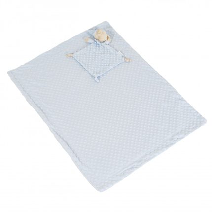 Light blue dotted baby blanket with a small matching plush pillow and teddy on top. (informational)