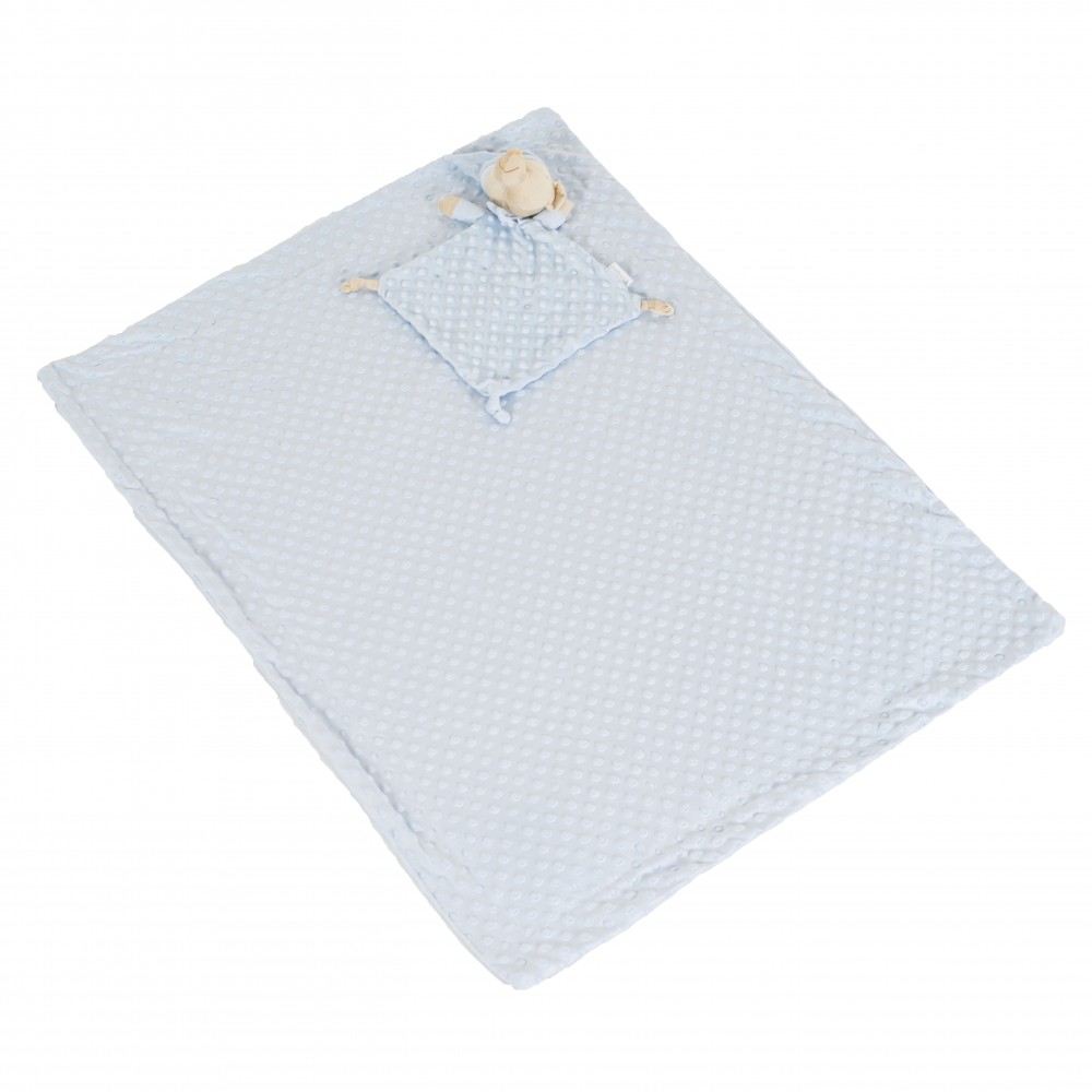 7458324-1000x1000w | La Vie en Rose Light blue dotted baby blanket with a small matching plush pillow and teddy on top. (informational)