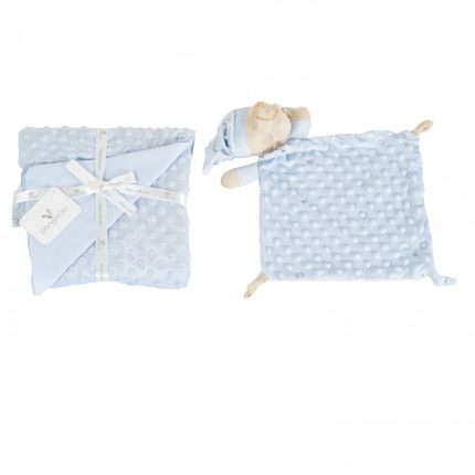 Blue baby security blanket set: a folded dotted blanket with white ribbon and a separate light-blue minky square blanket with a small plush doll attached.