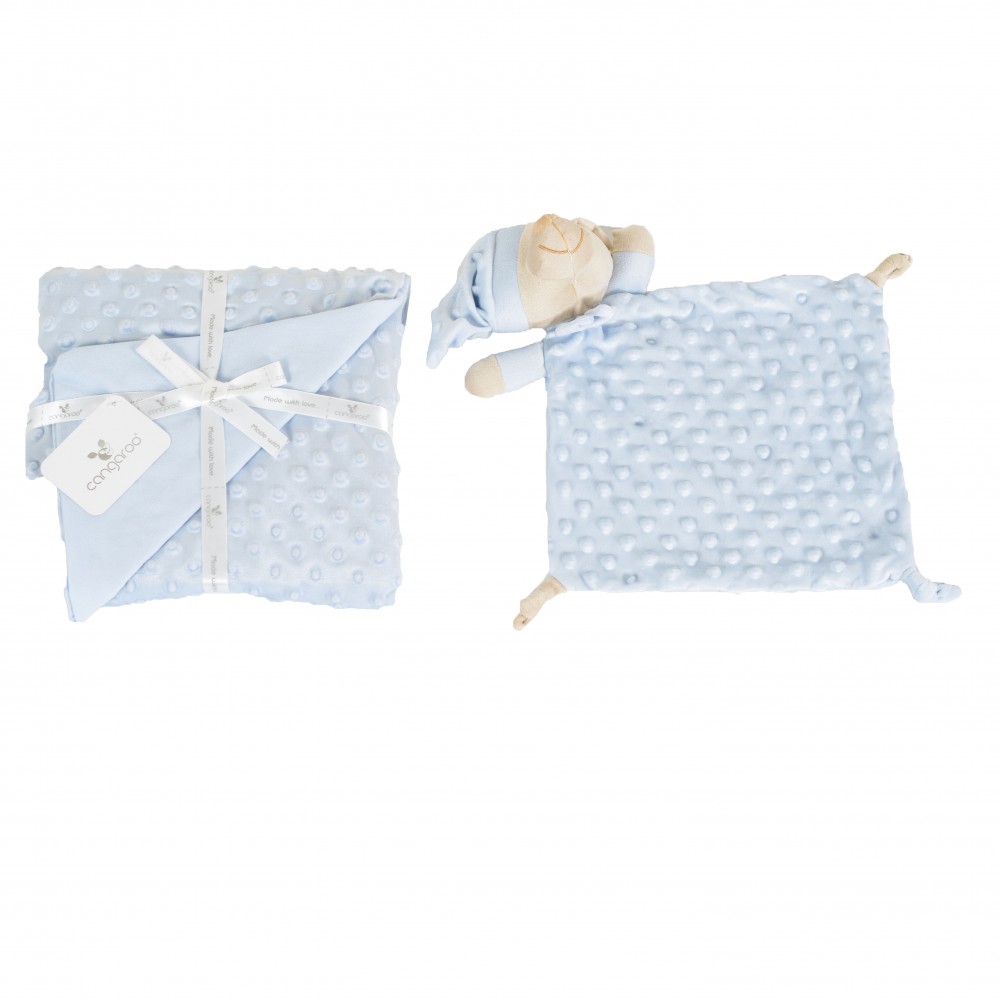 7458325-1000x1000w | La Vie en Rose Blue baby security blanket set: a folded dotted blanket with white ribbon and a separate light-blue minky square blanket with a small plush doll attached.