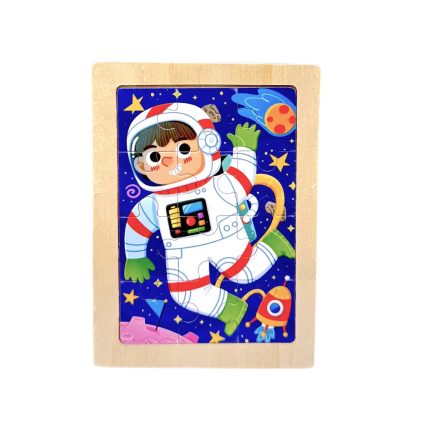 Colorful wooden puzzle showing a smiling astronaut in a white space suit floating in space among stars, planets, and a small rocket.