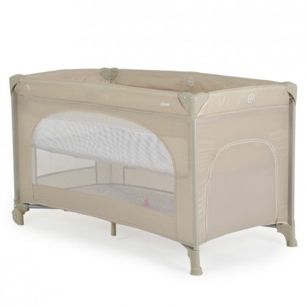 Beige portable baby playpen with mesh sides and rounded corners on short legs.