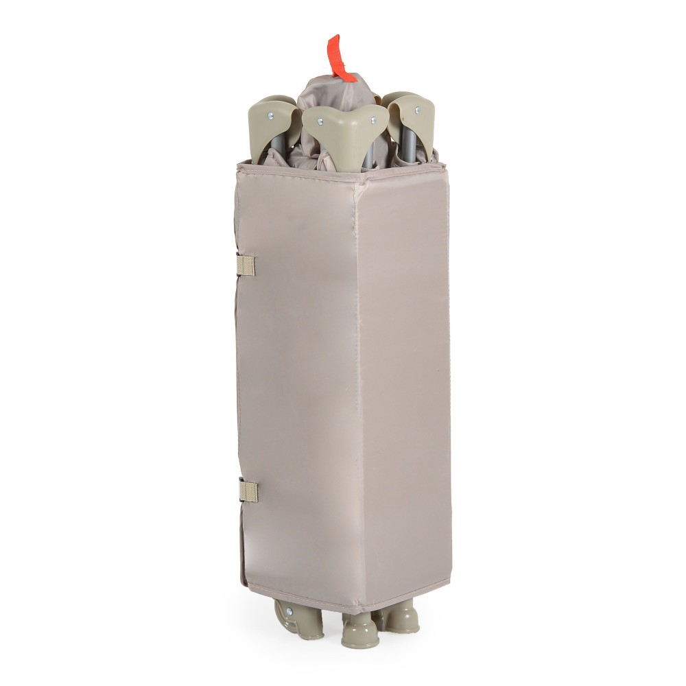 7462895-1000x1000 | La Vie en Rose Protective beige cover around a folded baby stroller, with wheels visible at the bottom and a red strap at the top, used for storage or transport.