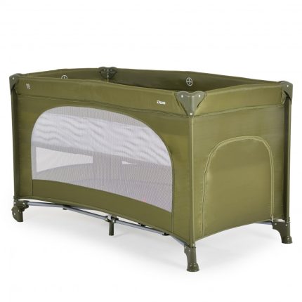 Olive-green portable baby play yard with mesh side panel and rounded corners on a metal frame
