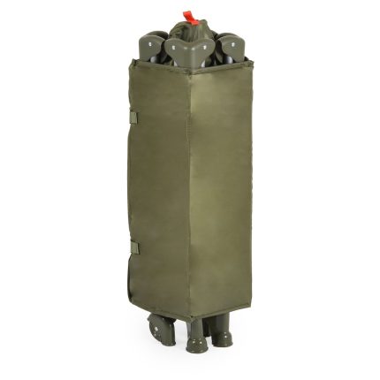 Olive green padded carrying bag with collapsed items inside, standing upright with visible legs at the bottom.