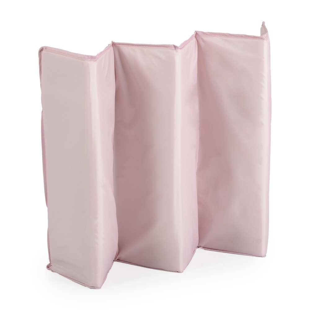 7462902-1000x1000 | La Vie en Rose Three pink fabric-covered folding room divider panels standing upright.