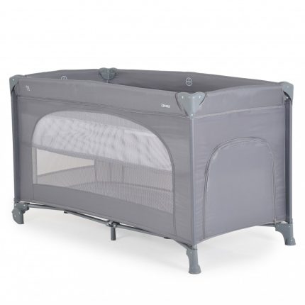 Gray playard with mesh side panel for baby containment, foldable with rounded top rails and sturdy legs