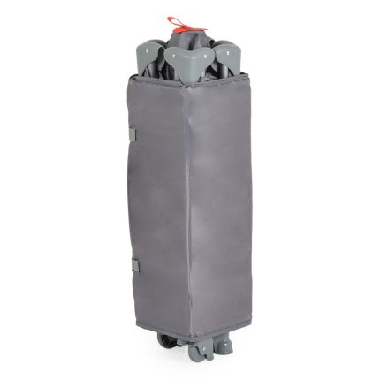 Gray fabric-covered rolling trolley standing upright with wheels at the base