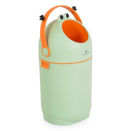 Mint green kid's insulated lunch bag with an orange strap and clip, top opening showing an orange interior and cartoon eyes peeking over the rim.