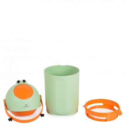 Green frog-themed lunch box set with orange interior, including a strap and a detachable orange ring lid, laid out on a white background.