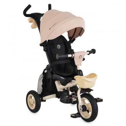 Beige and black three-wheeled baby stroller with sun canopy, front tray, and rear storage basket.