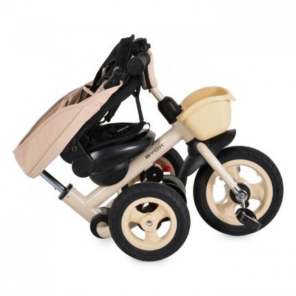 Folded beige baby stroller with three wheels, compact for storage and transport.