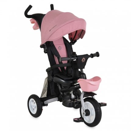 Three-wheeled pink and black toddler stroller with a sun canopy and front pink tray, designed for a child’s ride.