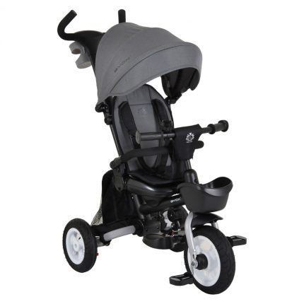 Grey three-wheeled stroller/ride-on toy with a large canopy, padded seat and safety harness, front tray, and handlebar steering for a toddler.