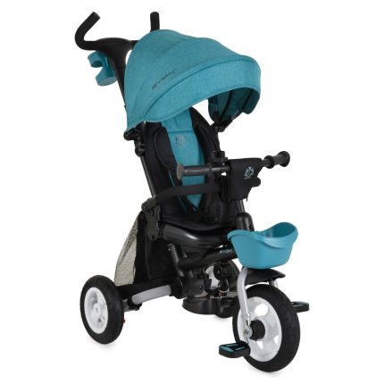 Blue three-wheeled stroller with teal canopy, padded seat, and front blue cup holder on a black frame.