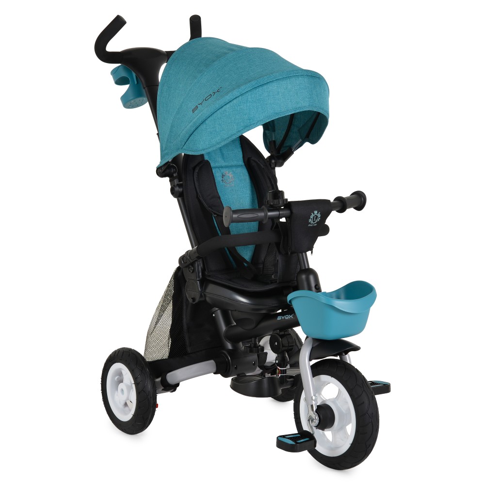 7462999-1000x1000 | La Vie en Rose Blue three-wheeled stroller with teal canopy, padded seat, and front blue cup holder on a black frame.